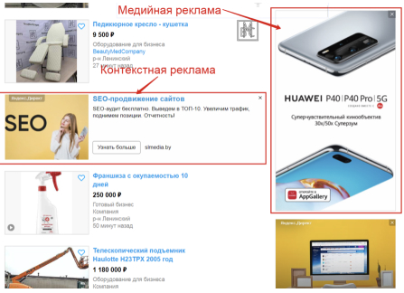 Примеры контекстной и медийной рекламы на сайте avito.ru